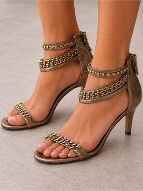 Ann Taylor Bronze Chain & Rhinestone Heels Size 7.5